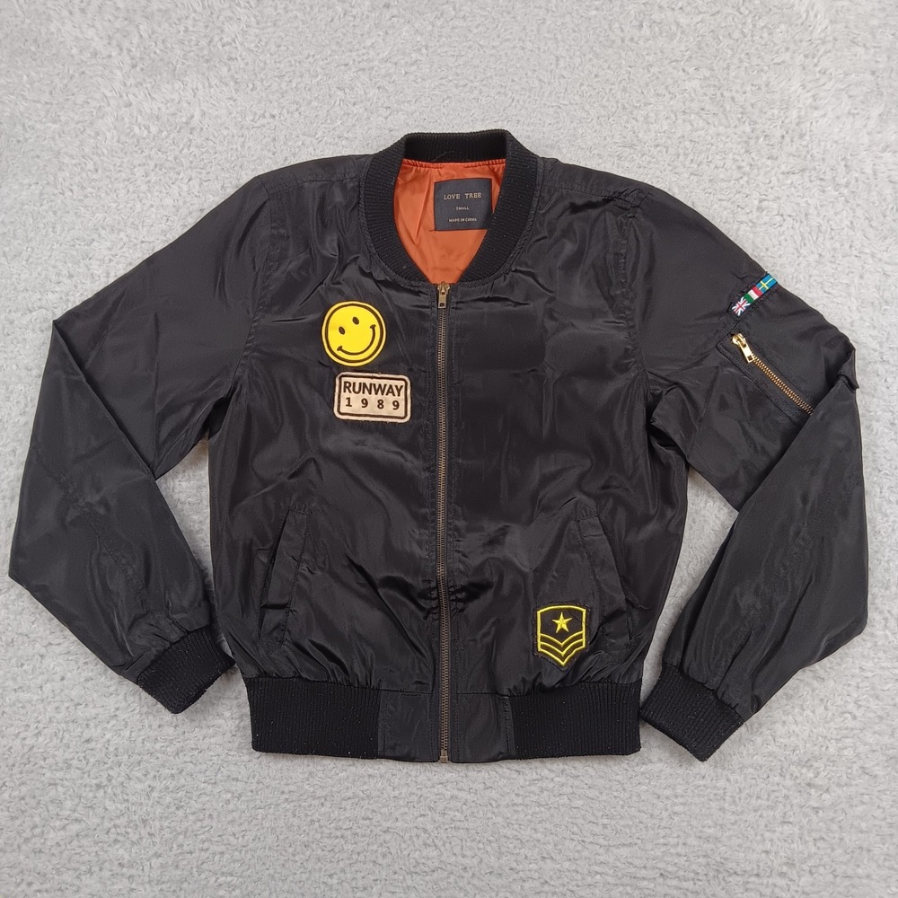 Love Tree Bomber Jacket Women Small Black Patch Graphic Utility 8228JS
